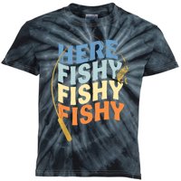 Fishing Funny Saying Vintage Graphic Here Fishy Fisherman Kids Tie-Dye T-Shirt