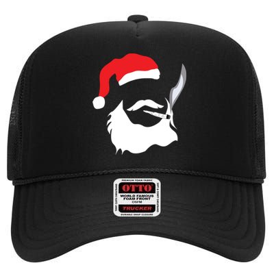 Funny Face Santa Clause Smoking Weed Christmas Marijuana High Crown Mesh Back Trucker Hat