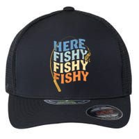 Fishing Funny Saying Vintage Graphic Here Fishy Fisherman Flexfit Unipanel Trucker Cap