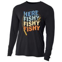 Fishing Funny Saying Vintage Graphic Here Fishy Fisherman Cooling Performance Long Sleeve Crew