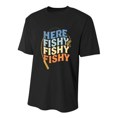 Fishing Funny Saying Vintage Graphic Here Fishy Fisherman Youth Performance Sprint T-Shirt