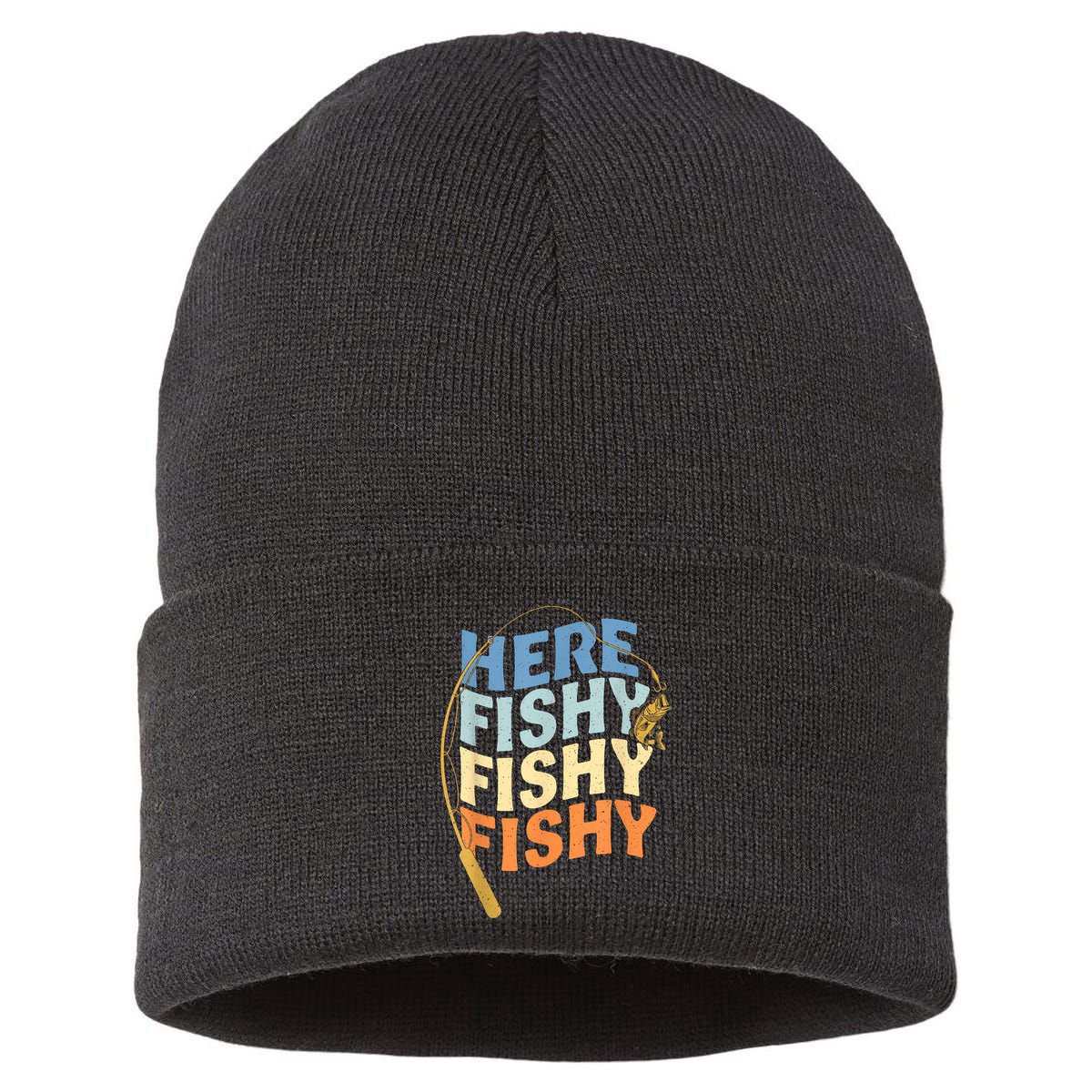 Fishing Funny Saying Vintage Graphic Here Fishy Fisherman Sustainable Knit Beanie