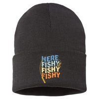 Fishing Funny Saying Vintage Graphic Here Fishy Fisherman Sustainable Knit Beanie