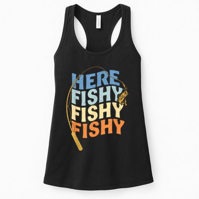 Fishing Funny Saying Vintage Graphic Here Fishy Fisherman Womens Tank Top