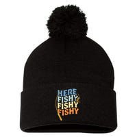 Fishing Funny Saying Vintage Graphic Here Fishy Fisherman Pom Pom 12in Knit Beanie