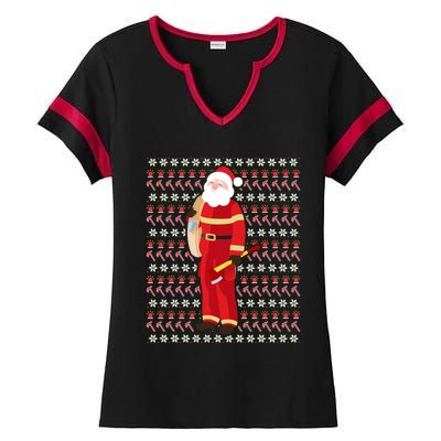 Fire Firefighter Santa Ugly Christmas Xmas Gift Ladies Halftime Notch Neck Tee