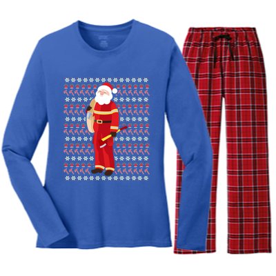 Fire Firefighter Santa Ugly Christmas Xmas Gift Women's Long Sleeve Flannel Pajama Set 