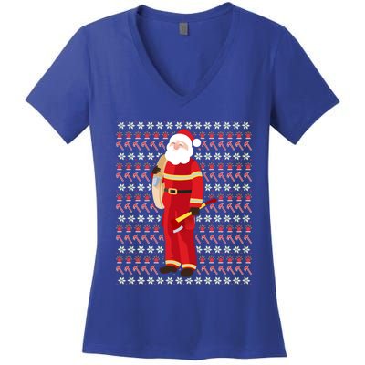 Fire Firefighter Santa Ugly Christmas Xmas Gift Women's V-Neck T-Shirt