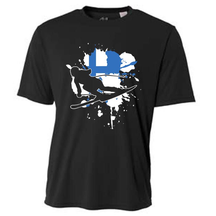 Finland Flag Skier Finnish Alpine Skiing Cooling Performance Crew T-Shirt