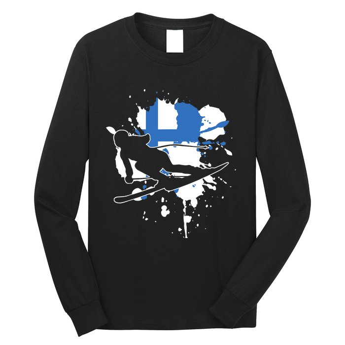 Finland Flag Skier Finnish Alpine Skiing Long Sleeve Shirt