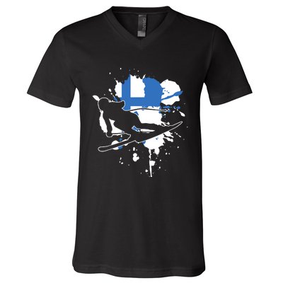 Finland Flag Skier Finnish Alpine Skiing V-Neck T-Shirt