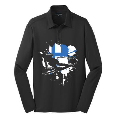 Finland Flag Skier Finnish Alpine Skiing Silk Touch Performance Long Sleeve Polo