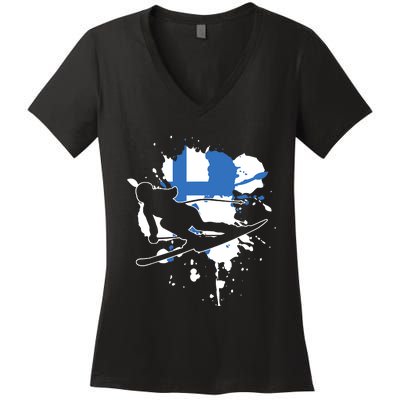 Finland Flag Skier Finnish Alpine Skiing Women's V-Neck T-Shirt