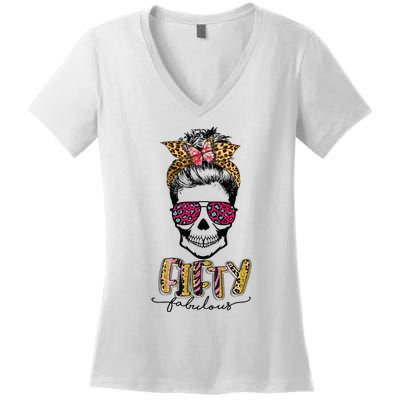 Fifty & Fabulous Sugar Skull Mom 50th Birthday Gifts Women's V-Neck T-Shirt