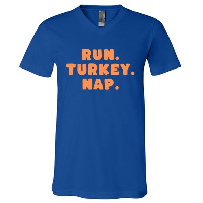 Funny Fall Sayings Thanksgiving Run Turkey Nap Great Gift V-Neck T-Shirt