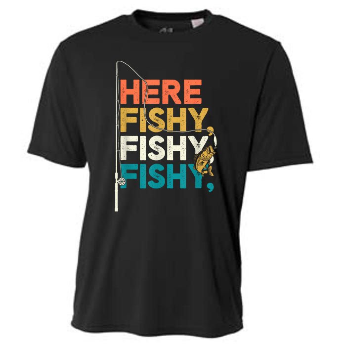 Fishing Funny Saying Vintage Graphic Here Fishy Fisherman Cooling Performance Crew T-Shirt