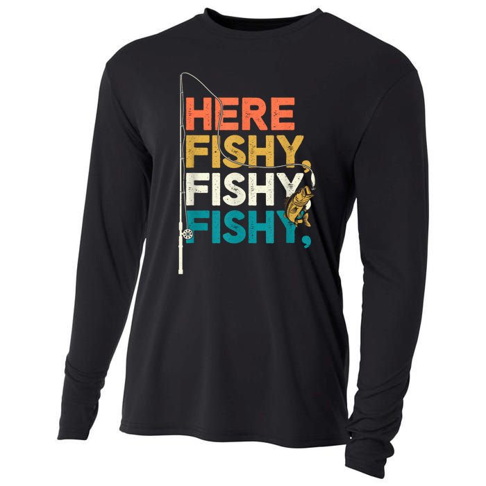 Fishing Funny Saying Vintage Graphic Here Fishy Fisherman Cooling Performance Long Sleeve Crew