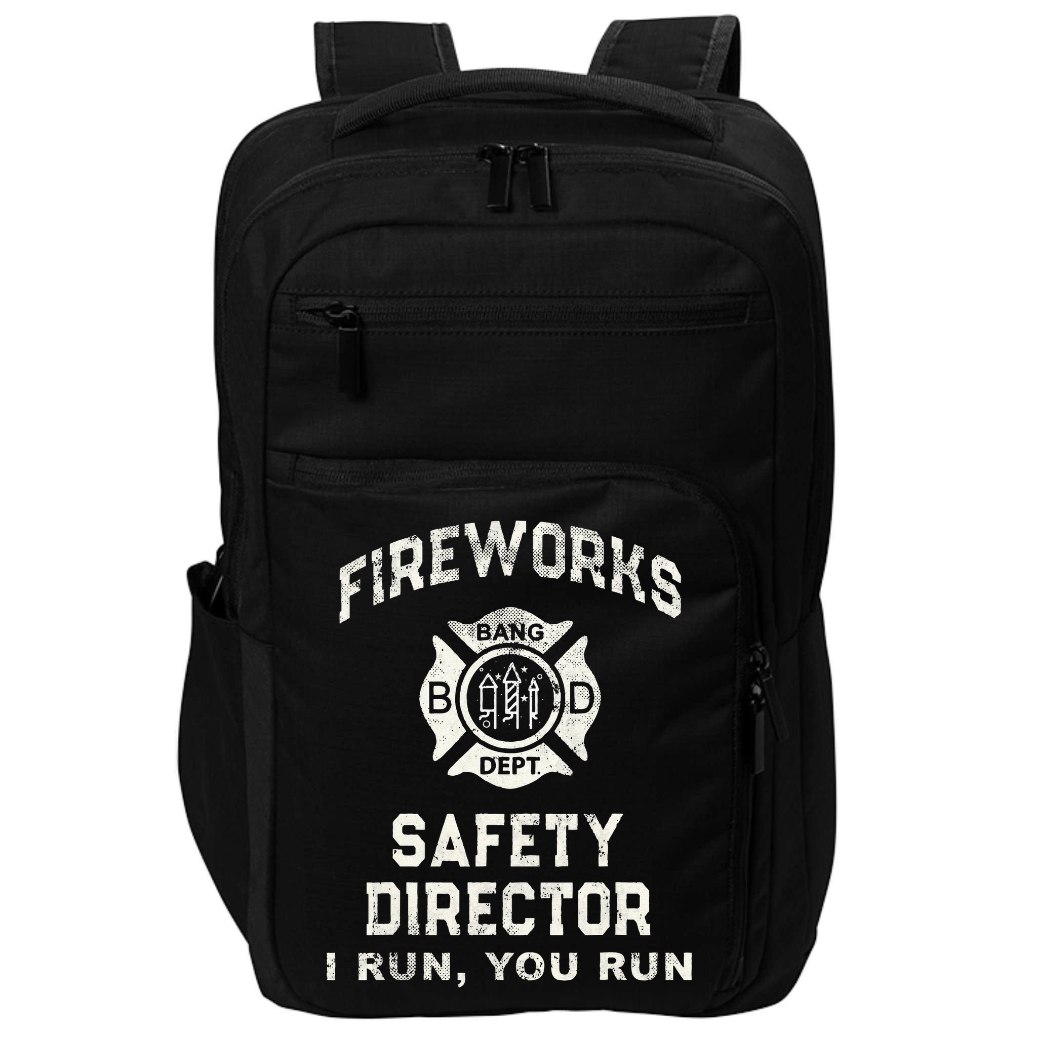 Funny FIREWORKS SAFETY DIRECTOR Firefighter America Red Pyro Impact Tech Backpack