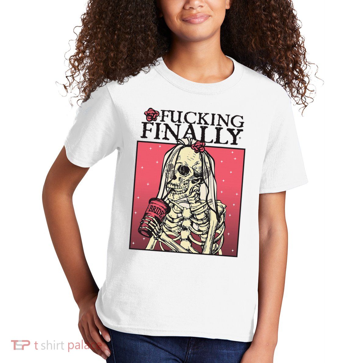 Fucking Finally Sugar Skull Bride Engagement Bride Squad Kids T-Shirt