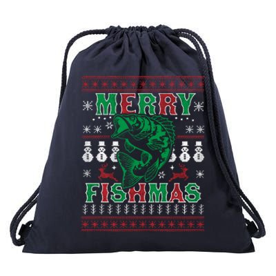 Funny Fish Sweater Fishing Santa Pajama Fisher Merry Fishmas Cool Gift Drawstring Bag