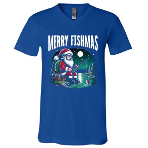 Funny Fishing Santa Merry Fishmas Christmas Sayings Great Gift V-Neck T-Shirt