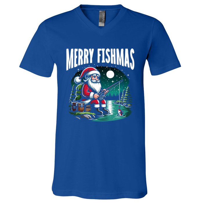 Funny Fishing Santa Merry Fishmas Christmas Sayings Great Gift V-Neck T-Shirt