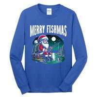 Funny Fishing Santa Merry Fishmas Christmas Sayings Great Gift Tall Long Sleeve T-Shirt