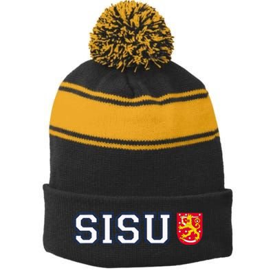 Finland Finnish Sisu Flag Crest Stripe Pom Pom Beanie