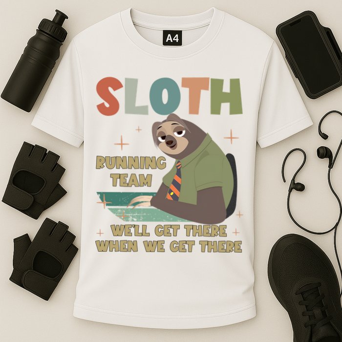 Funny Flash Sloth Running Team We’Ll Get There Sloth Performance Shirt