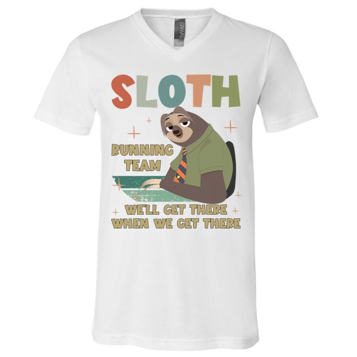 Funny Flash Sloth Running Team We’Ll Get There Sloth V-Neck T-Shirt