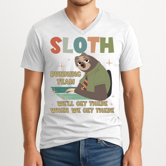 Funny Flash Sloth Running Team We’Ll Get There Sloth V-Neck T-Shirt