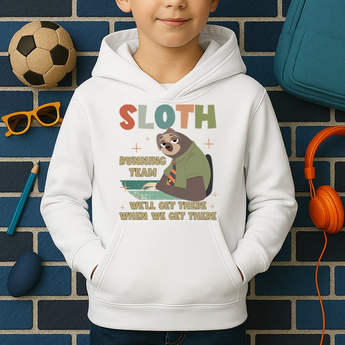 Funny Flash Sloth Running Team We’Ll Get There Sloth Kids Hoodie