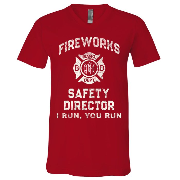 Funny FIREWORKS SAFETY DIRECTOR Firefighter America Red V-Neck T-Shirt