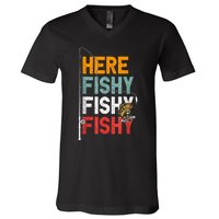 Fishing Funny Saying Vintage Graphic Here Fishy Fisherman V-Neck T-Shirt