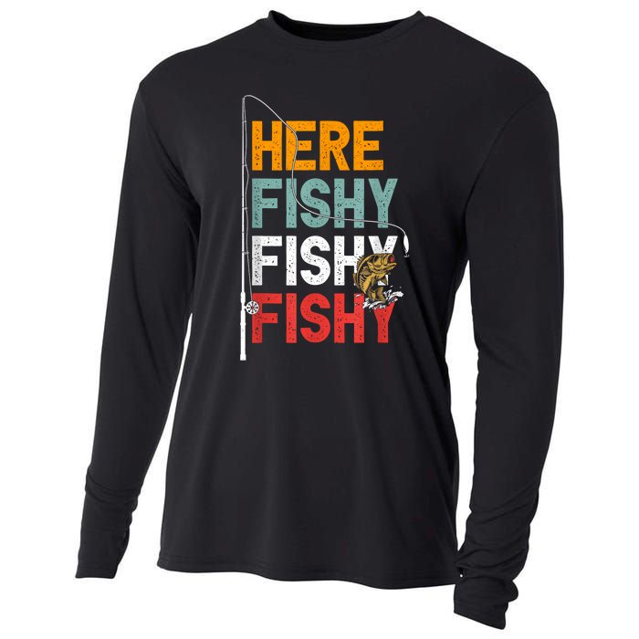 Fishing Funny Saying Vintage Graphic Here Fishy Fisherman Cooling Performance Long Sleeve Crew