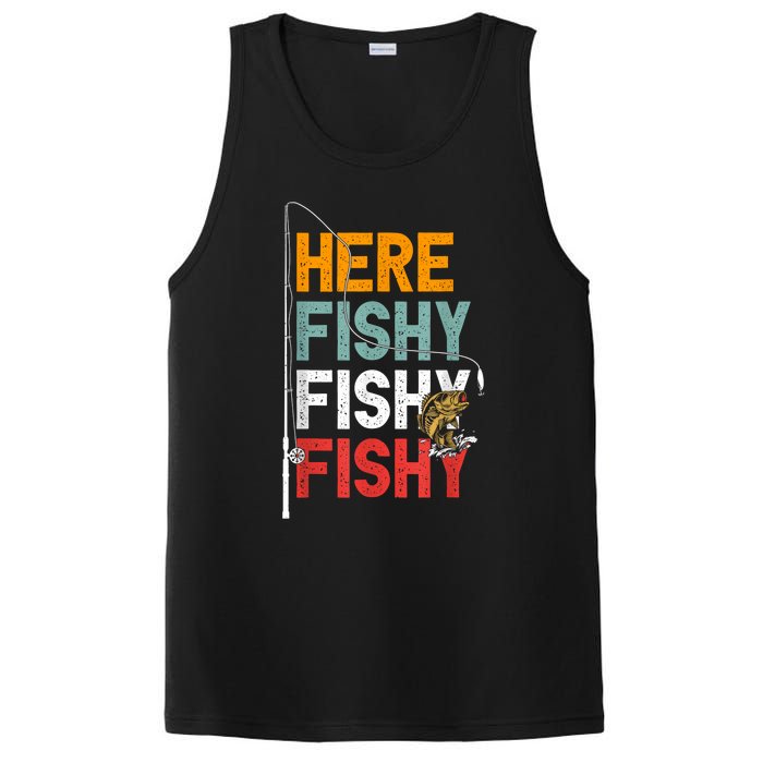 Fishing Funny Saying Vintage Graphic Here Fishy Fisherman PosiCharge Competitor Tank