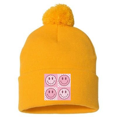 Funny Face Shirt Checkered Pattern Smile Face Meme Trendy Pom Pom 12in Knit Beanie