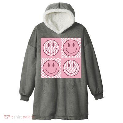 Funny Face Shirt Checkered Pattern Smile Face Meme Trendy Hooded Wearable Blanket