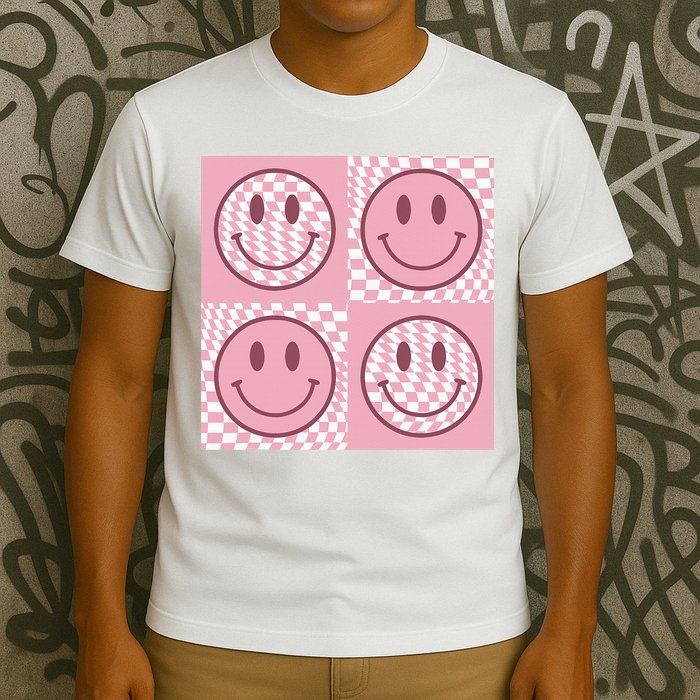 Funny Face Shirt Checkered Pattern Smile Face Meme Trendy T-Shirt