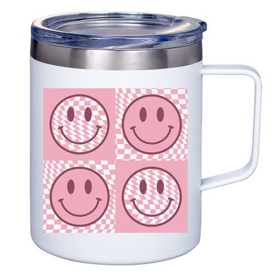 Funny Face Shirt Checkered Pattern Smile Face Meme Trendy 12oz Stainless Steel Coffee Mug