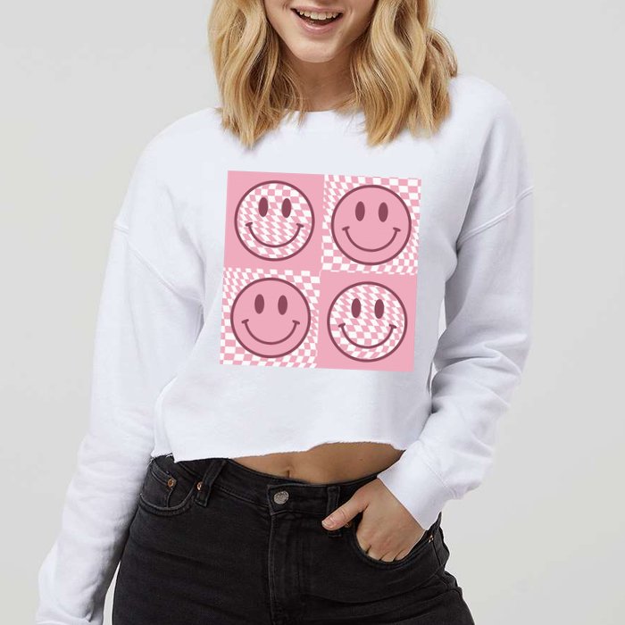 Funny Face Shirt Checkered Pattern Smile Face Meme Trendy Cropped Pullover Crew