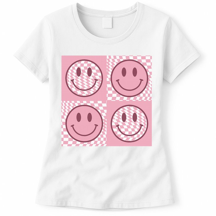 Funny Face Shirt Checkered Pattern Smile Face Meme Trendy Womens T-Shirt