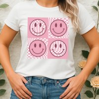 Funny Face Shirt Checkered Pattern Smile Face Meme Trendy Womens T-Shirt
