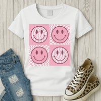 Funny Face Shirt Checkered Pattern Smile Face Meme Trendy Womens T-Shirt