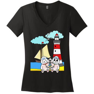 Funny Funny Sailors Cats Maritime Children Anchor Women's V-Neck T-Shirt