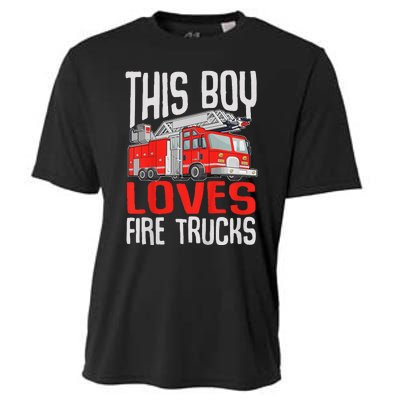 Firefighter Funny This Boy Loves Fire Trucks Cooling Performance Crew T-Shirt