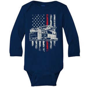 Firefighter Fire Truck Usa Flag Red Line Distressed Novelty Gift Baby Long Sleeve Bodysuit