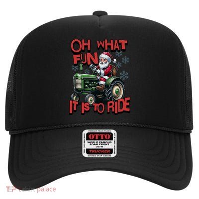 Farm Fun To Ride Santa Tractor Christmas High Crown Mesh Back Trucker Hat