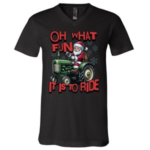 Farm Fun To Ride Santa Tractor Christmas V-Neck T-Shirt