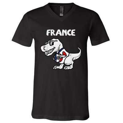 Funny France Trex Dino French Flag Soccer Fan V-Neck T-Shirt